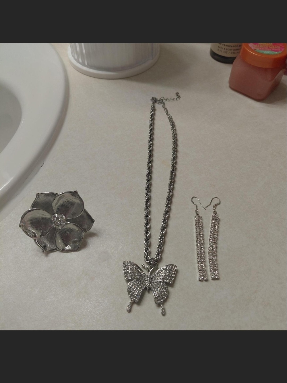 Silver Butterfly Pendant Necklace with Matching Drop Earrings and Flower Ring